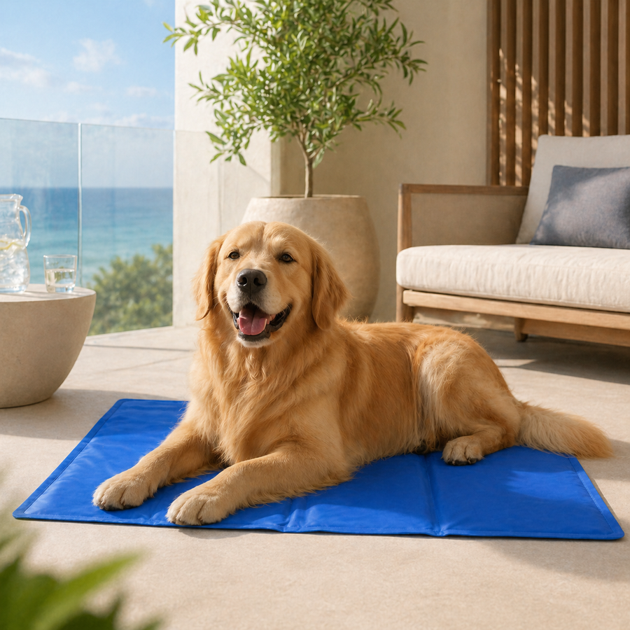 Happy dog relaxing on the CoolPaw cooling mat indoors